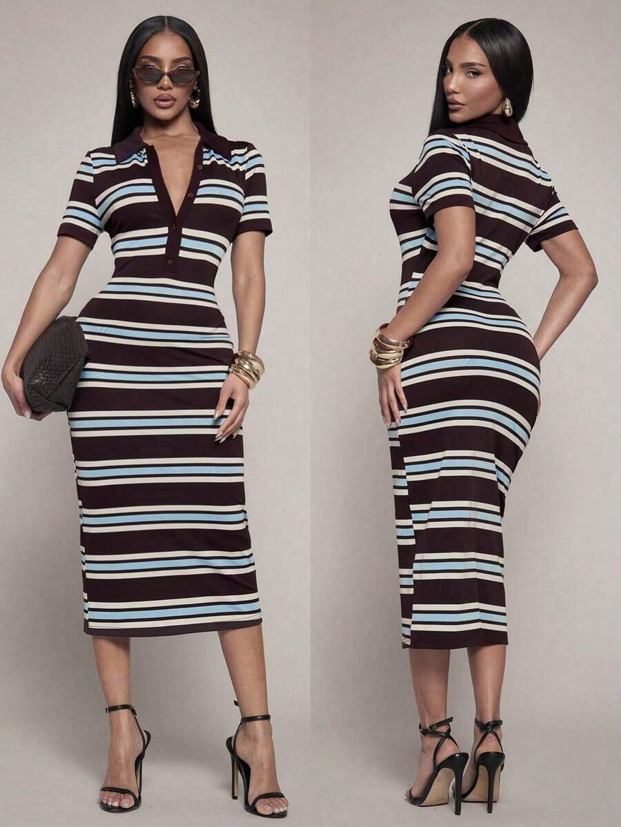 Vestido casual de talla grande para mujer con mangas cortas, rayas y botones con media cartera - Multicolor - Ver 1