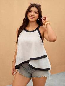 Camiseta de tirantes minimalista de cuello halter para vacaciones de talla grande - Albaricoque - Ver 3