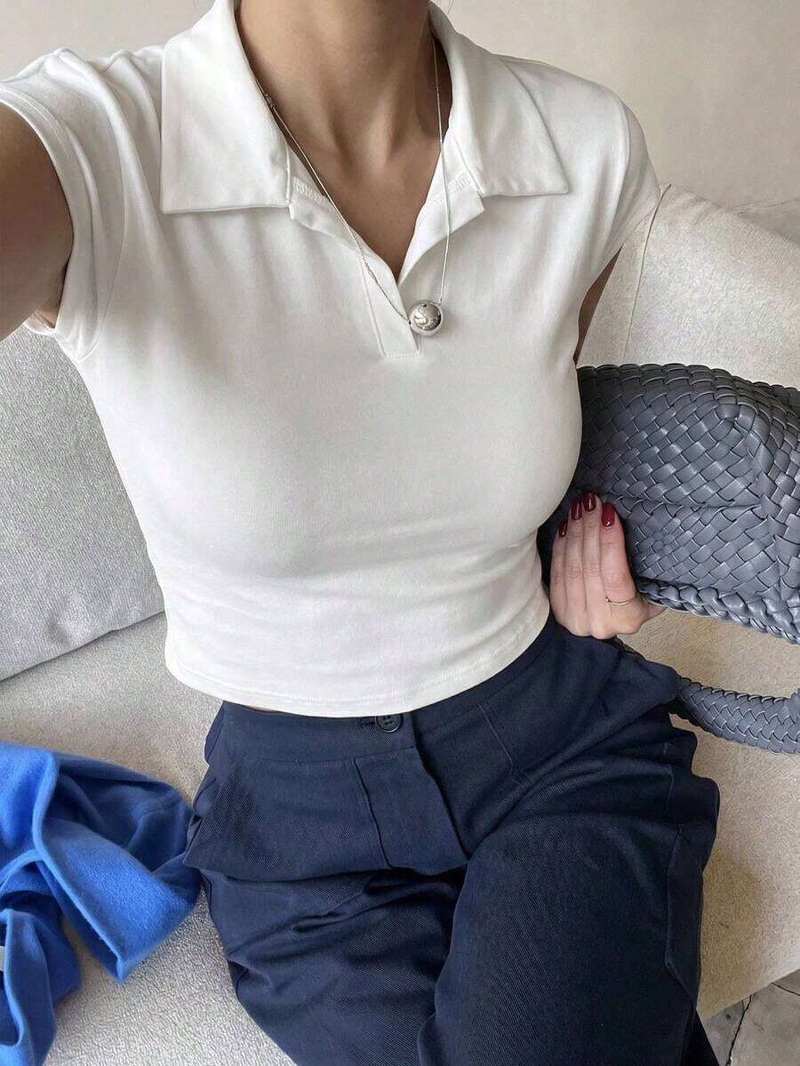 Top corto y ajustado de unicolor de verano para mujer, camiseta informal empresarial - Blanco - Ver 1