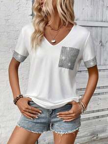 LUNE Camiseta de mujer casual de manga corta con cuello en V, parches y lentejuelas - Blanco - Ver 3
