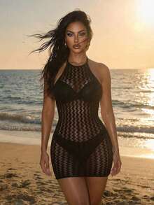 Swim  Vestido de encubrimiento sin mangas con cuello halter para mujeres para vacaciones de verano en la playa con apliques huecos - Negro - Ver 3