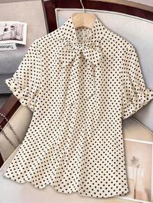 Blusa de manga corta holgada, casual, elegante, dulce y retro con estampado de lunares, cuello con volantes y talla grande para primavera/verano - Albaricoque - Ver 1