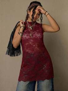 Freevana Blusa sin mangas con estampado floral vintage bohemio y encaje, talla grande, nueva llegada de primavera, adecuada para el Día de San Valentín, festivales de música - Burdeos - Ver 1