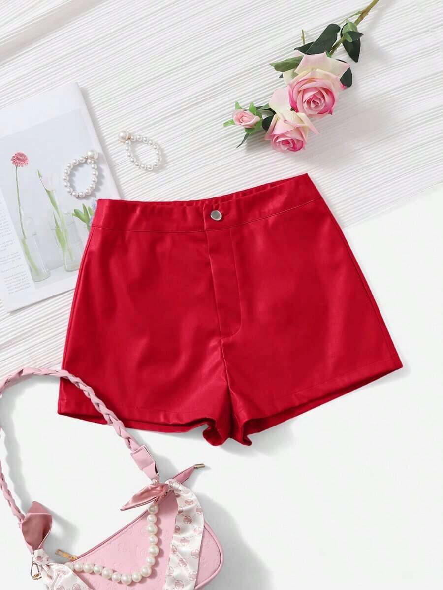 LUNE Shorts ajustados de piel sintética, casuales para el verano - Rojo - Ver 1