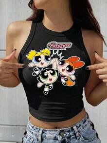 Top corto ajustado con estampado de letras de dibujos animados lindo para uso casual y diario, verano - Negro - Ver 7