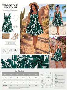 Vestido de talla grande con estampado, lazo en la cintura y decoración para mujeres de vacaciones - Verde Oscuro - Ver 2