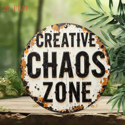 1pc 2D Flat - Round Wall Plaque | Single Piece, Vintage Style Sign With Creative Chaos Area Text, Suitable As Holiday Gift, Timeless Home Decor For Front Door, Garden, Bar, Cafe And Farmhouse