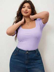 Camiseta de manga corta de cuello cuadrado de ajuste ceñido y elástica para mujer de talla grande, camiseta primavera y verano amigable con la piel, compatible con curvas redondeadas del Body, compatible con la forma del Body redondeada de Apple/20 - Morado - Ver 6