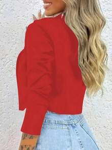 Chaqueta corta de mujer de unicolor con cuello de solapa y botones de manga larga - Rojo - Ver 4