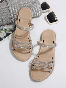 Summer New Round Toe Criss-Cross Glass Rhinestone Slip-On Sandals, Casual Fashion Two-Way Wear Flat Beach Vacation Slippers For Women - Apricot - View 6