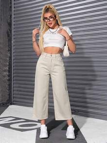 Jeans unicolor con cremallera - Caqui - Ver 3