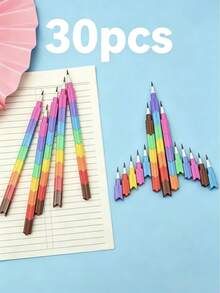 Fun Rainbow-Colored Interlocking Pencil Set, 4 Boxes Containing Pencils Without Points That Can Be Stacked, 15.5 Cm Multi-Colored Pencils, Back-To-School Stationery Gift, Suitable For Children. - A - View 12