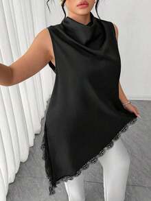 Blusa sin mangas con dobladillo de encaje para mujer de talla grande, elegante blusa larga de estilo vintage, versátil para el trabajo, graduación, vacaciones, San Valentín, festivales de música, Día de la Madre, Halloween, Acción de Gracias, Pascua, Día Nacional, bailes, citas, bodas, salidas, etc. - Negro - Ver 8