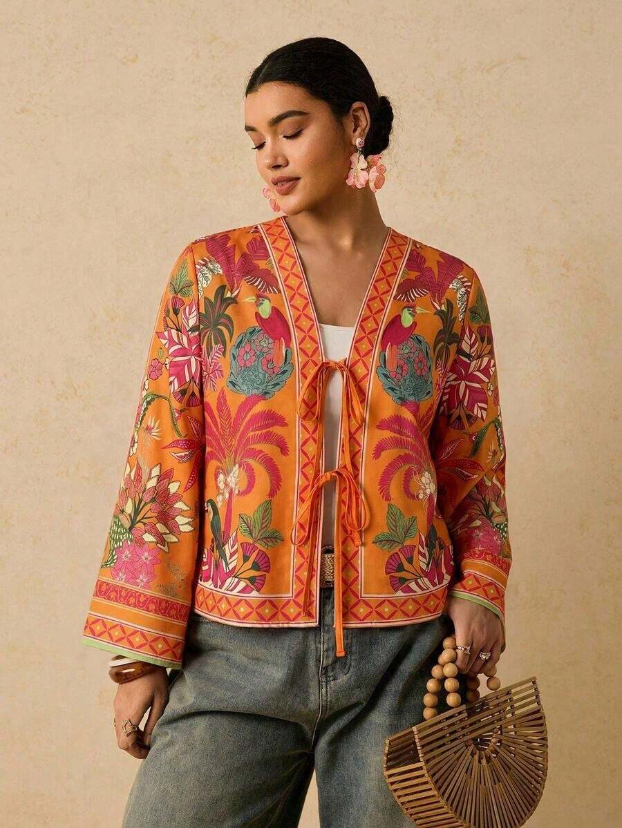 Camisa casual versátil de uso diario con estampado floral y nudo delantero para mujer de talla grande - Naranja - Ver 1