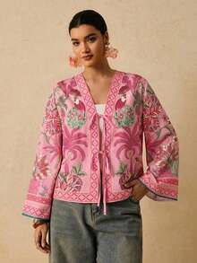 Camisa casual versátil de uso diario con estampado floral y nudo delantero para mujer de talla grande - Rosa - Ver 4