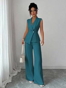 Conjunto de oficina elegante para mujer, compuesto por una chaqueta blazer sin mangas con cuello y bajo asimétrico, con hebilla metálica en la cintura, combinada con pantalones de cintura elástica.Conjunto de 2 piezas elegante para primavera/verano, atuendo formal y de clase para mujer. - Agua verde azul - Ver 5