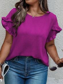 Blusa casual con cuello redondo, mangas con volantes y estampado floral para mujer de talla grande - Morado - Ver 5