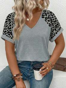 Selamara Camiseta casual versátil de talla grande con diseño de encaje y parches, nueva llegada para primavera/verano para mujeres - Gris - Ver 4