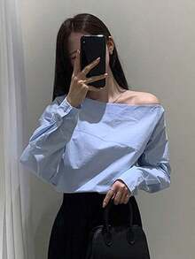 Camisa azul de manga larga con hombro asimétrico de unicolor para mujer, azul claro, primavera/verano/otoño - Celeste - Ver 6