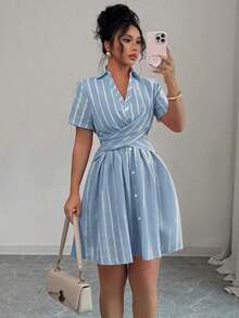 Vestido camisero de verano para mujer, de cuello en V, con mangas raglán, cruce y lazo en la cintura, a rayas en color rosa - Celeste - Ver 5