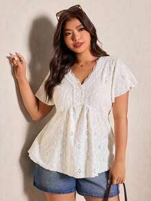 CosyJoli Camiseta de mujer de talla grande con cuello en V, parche de encaje y textura a rayas en forma de A - Beis - Ver 4