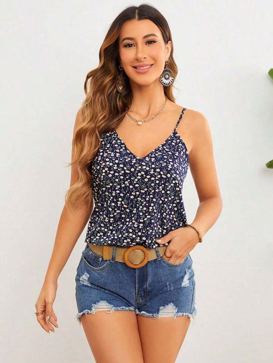 Ropa De Verano Para Damas, Top De Tirantes Corto Con Estampado De Plantas Tropicales Para Vacaciones - Multicolor - Ver 1
