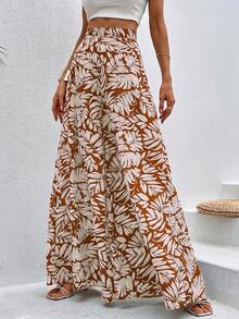 Pantalones de pierna ancha con estampado tropical - Marrón - Ver 5