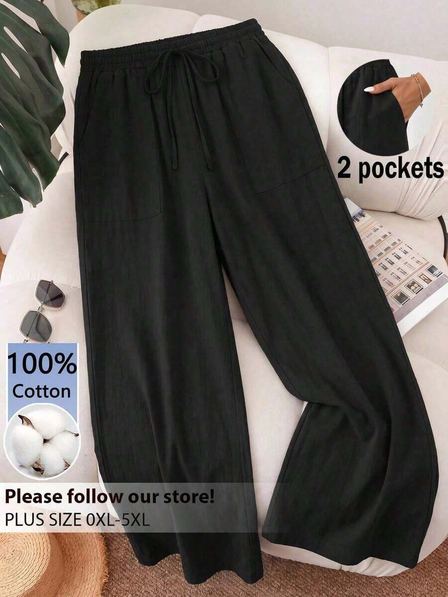 Pantalones casuales de negocios de primavera/verano para mujer de talla grande, adecuados para ocasiones como el Día de San Valentín, viajes al trabajo de moda, con bolsillos.Vacaciones en la playa, adecuados para estudiantes universitarios, Día de San Valentín, viajes en crucero, etc.Pantalones sueltos/de pierna ancha de verano, pantalones casuales para mujer de talla grande. - Negro - Ver 1