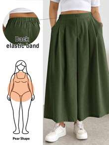 Comfortable And Loose-Fitting Elastic-Waist Pleated Shorts/Skirts, A Basic And Versatile Style For Everyday Wear, Flattering The Figure, In Apricot Color, For Plus-Size Women, For Spring/Summer - Army Green - View 5