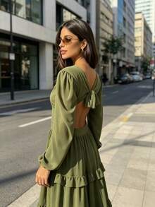 Women's Long Chiffon Dress With Long Sleeves, V-Neck, Ruffled Hem And Lining. - Verde Oliva - Ver 2