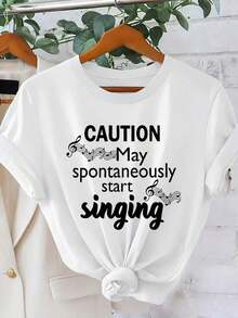 Funny Women's 100% Cotton T-Shirt With The Phrase "CAUTION, May Start Singing" - 1 Piece, Short Sleeve Blouse With Round Neck And Musical Warning Print, Loose Fit, Suitable For Concerts, Festivals And Casual Wear, Machine Washable, Spring/Summer Casual Wear. - 白色 - 查看 7