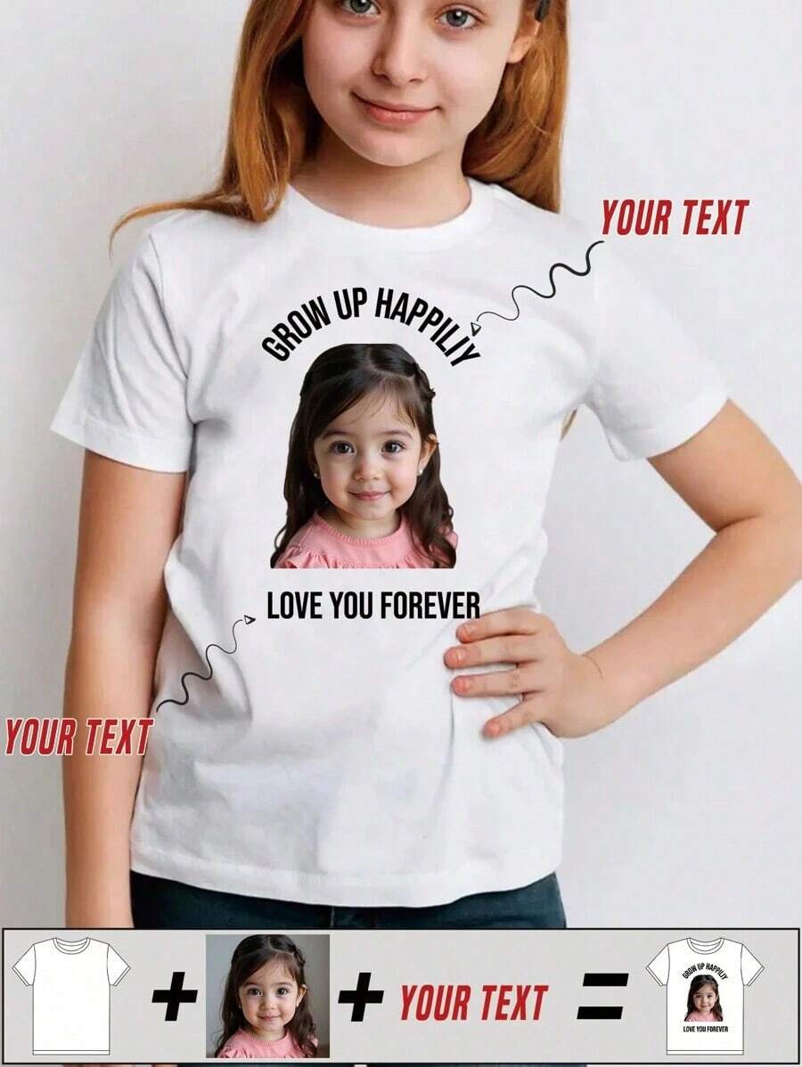Girls' European And American Style Athletic T-Shirt For Spring/Summer. Personalize It With Your Text/Name/Blessing, Or Customize It With Your Photo/Family/Idol/Cartoon/Personal Portrait/Pet/Baby/Friend Picture. Casual, Chic, Minimalist, Personalized, Unique, Boys' Outfits, Capsule Wardrobe, Basic/Urban Style For Birthdays, Holidays/Parties, School/Competition, Sports/Climbing. - 黑色 - 查看 1
