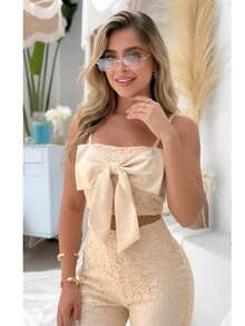 VOGUES Set 2 piezas Encaje PREMIUM Moda Mujer Blusa moño & Pantalón Importación Lace con Forro & Zipper Tejido grueso - Beis - Ver 3