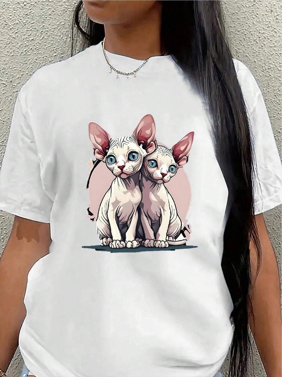 Polyester Short-Sleeved T-Shirt, Printed With A Cute Sphinx Cat Design, Lightweight And Durable, Suitable For Casual Wear At Home Or In A Cafe, Made Of Soft And Comfortable Printed Fabric, The First Choice For Everyday Wear. - White - View 1