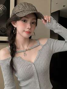 Áo dệt kim không tay cổ chữ V dáng ôm, kiểu dáng mới mùa Xuân/Hè, có cúc cài ở cổ tay. - hoa màu xám - Xem 3