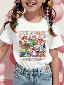Disney Toy Story Characters Printed Pattern T-Shirts For Girls - Children's Clothing Design Short-Sleeved Casual And Cute Style Comfortable And Casual Wear All Year Round Suitable For Parties And Play Machine Washable Gift Children's Clothing Girls' Short-Sleeved Shirts - 白色 - 查看 1