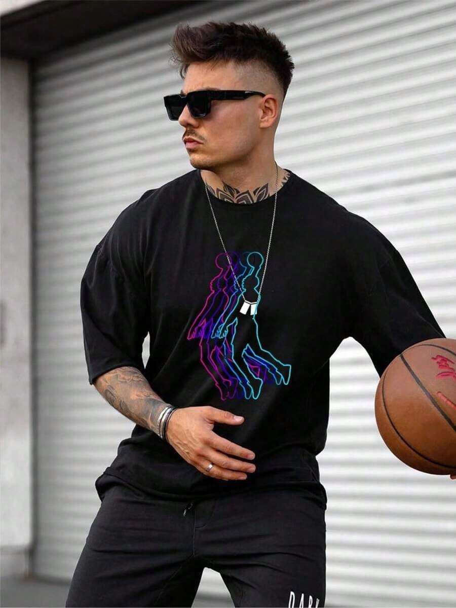  Camiseta de Manga Corta Holgada Casual Versátil con Estampado de Baloncesto Divertido, Ideal para Vacaciones, Trabajo y Uso Diario100% Cotton - Negro 13 - Ver 1