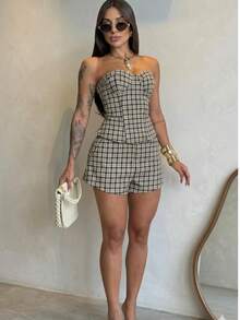 Women's Brown Checkered Set: Strapless Corset And Tailored Shorts - Beige - View 1