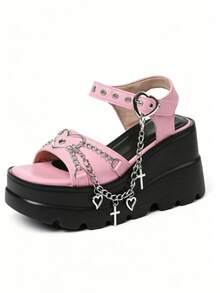 Y2K Women's Thick Sole Wedge Sandals Chain & Heart Goth Sandals Punk Sandals Women's  Black Heels - 粉色 - 查看 3