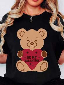 Camiseta de talla grande con estampado de oso de peluche sosteniendo un corazón y la frase "Be My Valentine" para el Día de San Valentín, estilo vintage urbano, unisex, de algodón, mang - Negro - Ver 1