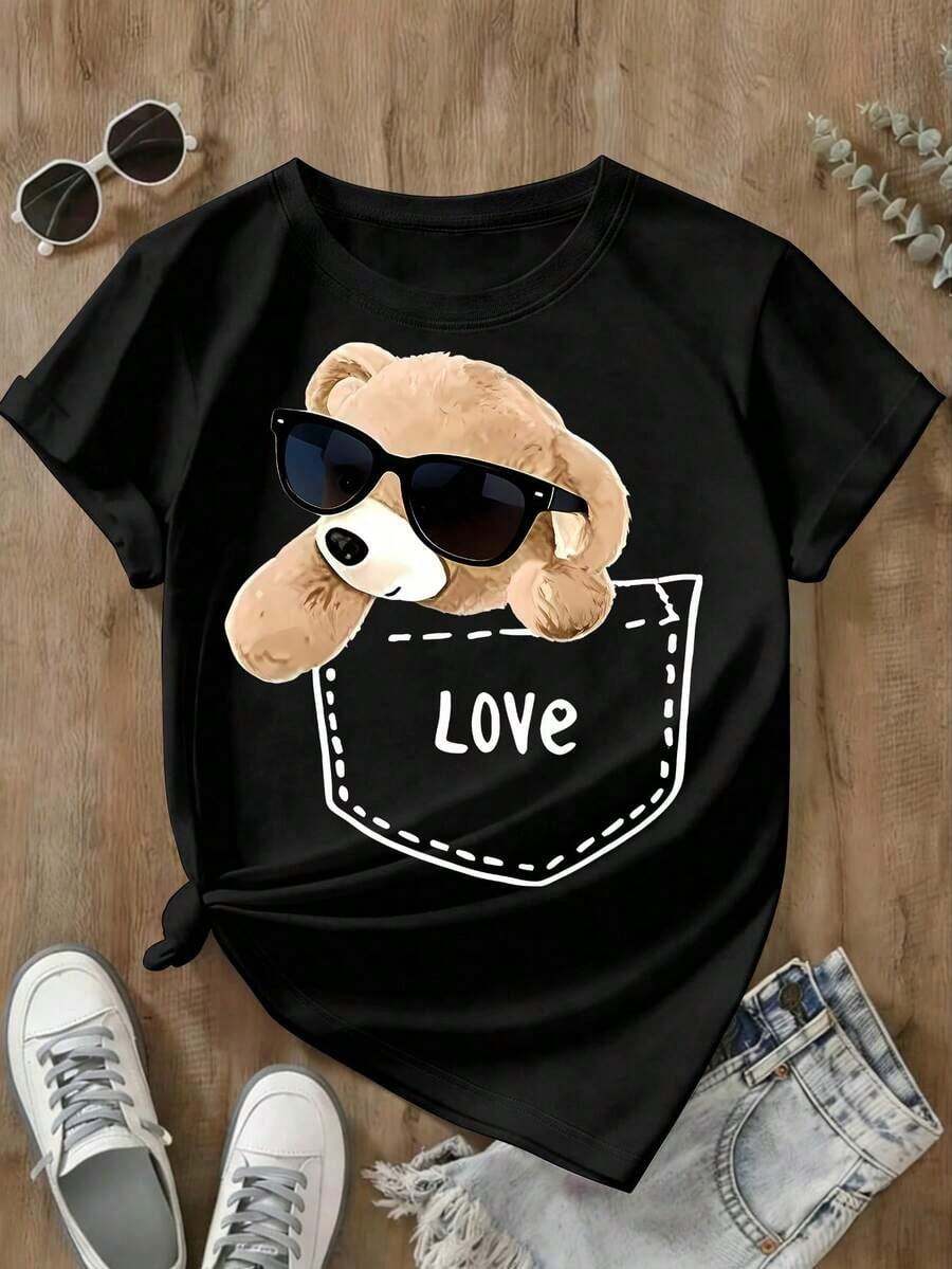 Camiseta con Estampado de Osito de Peluche con Corazón, Gafas de Sol Modernas, Camiseta de Osito de Peluche Estilo Retro, Ropa Linda para el Día de San Valentín, Ropa Linda Adecuada par - Negro - Ver 1