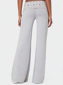 Women's Wide Leg Pants Elastic Waist Loose Casual Metallic Studs Decor Fashion Lounge Trousers - Gris - Ver 4
