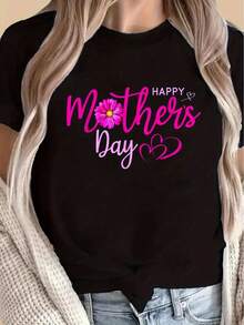 Plus Size Plus Size Curvy Style T-Shirt For Women, Ideal For Mother's Day - Pink Floral Heart Pattern, Casual Short Sleeves, Lightweight 180g Round Neck Top, Perfect Gift For Mom, Floral Print T-Shirt For Mother's Day, With Lightweight, Stretchy, Relaxed Fit Fabric. - 黑色 - 查看 6