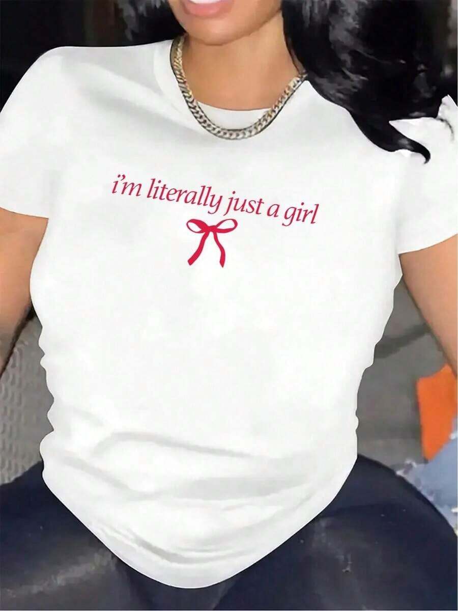 Women's Black T-Shirt With Pink "I'm Literally Just A" Print And Bow Design - Soft, Comfortable, And Durable Polyester, Perfect For Casual Wear, Everyday T-Shirt. | Fun Design T-Shirt | Stretchy Fabric, Mid-Length Blouses For Women > Clothing - 白色 - 查看 1