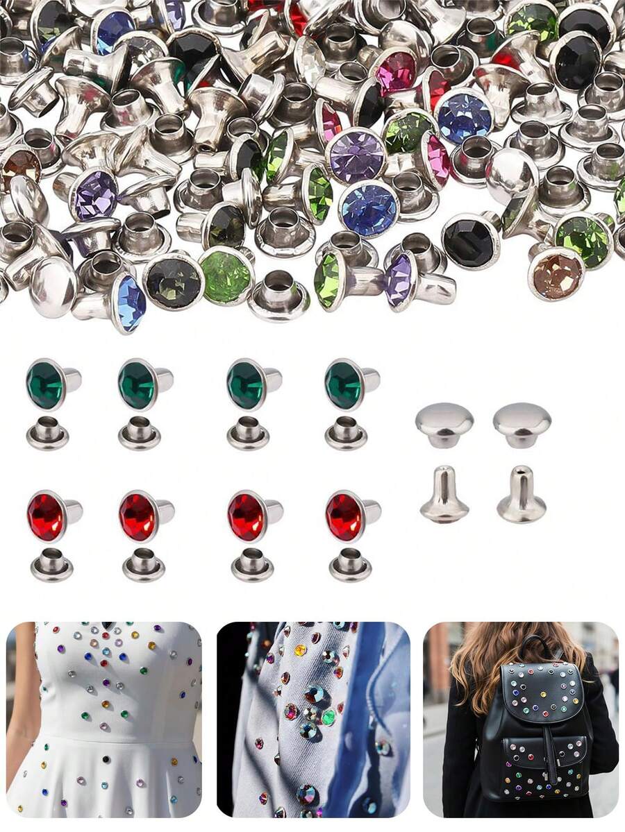 100 piezas de 6 mm de remaches de cristal de color, remaches de cristal de latón, utilizados para manualidades de cuero DIY, ropa, sombreros, carteras, zapatos, bolsos, bolsos de mano, cinturones, collares de perro, decoraciones - 100 unidades - Ver 1