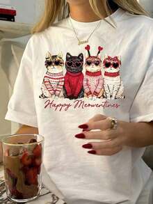 1 Piece Of Women's Casual Sports T-Shirt With Red Heart Print, Sunglasses And Kitten In English, Short Sleeve Sports T-Shirt With Round Neck, Casual And Versatile, 100% Pure Cotton, 180g Cotton 100%. - 白色 - 查看 4