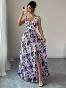 Vestido elegante y sofisticado con estampado floral, corte evasé, abertura y cintura anudada sin mangas, adecuado para vacaciones - Morado - Ver 1