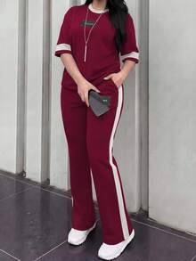 女款新款圓領短袖T恤與鬆緊腰寬鬆長褲兩件套，休閒日常穿著，春夏秋優雅風 - 酒紅64+白 - 查看 2