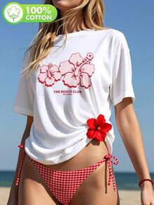 Women's Clothing. Short-Sleeved T-Shirt With A Round Neck, Casual Vacation Style, Kapok Floral Print, New 2026 Summer Collection For Women, Ideal For Everyday Wear On Vacation. Your Daily Essential. Women's Shirts - 白色 - 查看 6