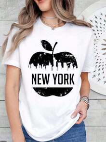 Camiseta de Nueva York, Corte Holgado, Estampado, Casual Versátil, Talla Grande, Cuello Redondo, Estampado Estatua de la Libertad y Paisaje Urbano - Blanco - Ver 1